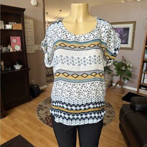 Beso Beso blue, gray & yellow short sleeve blouse-size M